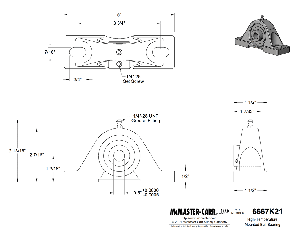 Technical Drawing of High-Temperature Mounted Ball Bearing, with Synthetic Grease, for 1/2" Shaft Diameter.
